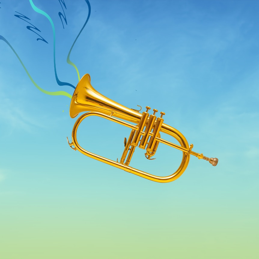 A flugel horn floating in a blue sky.