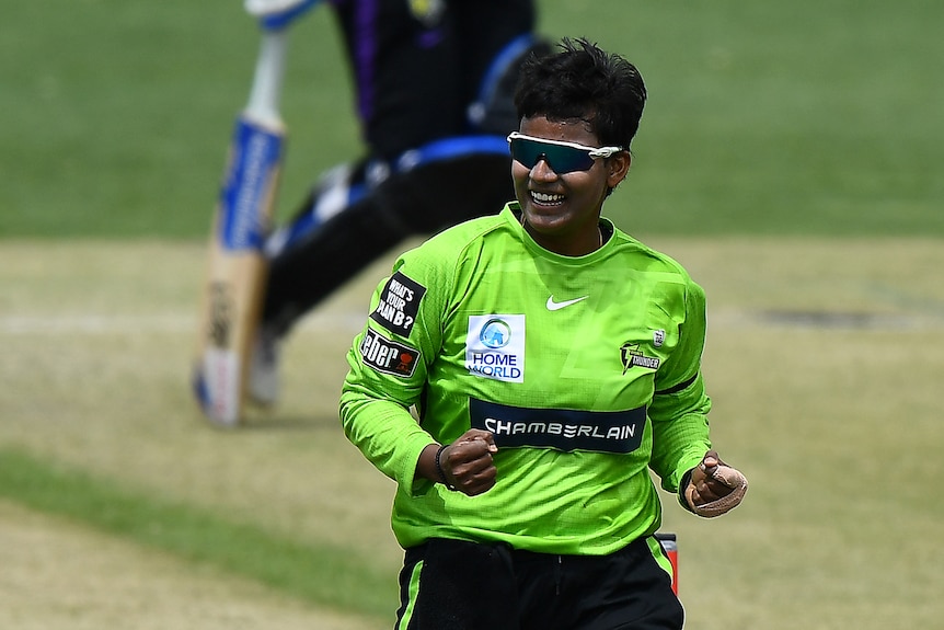 Deepti Sharma of the Thunder celebrates the wicket of Ruth Johnston