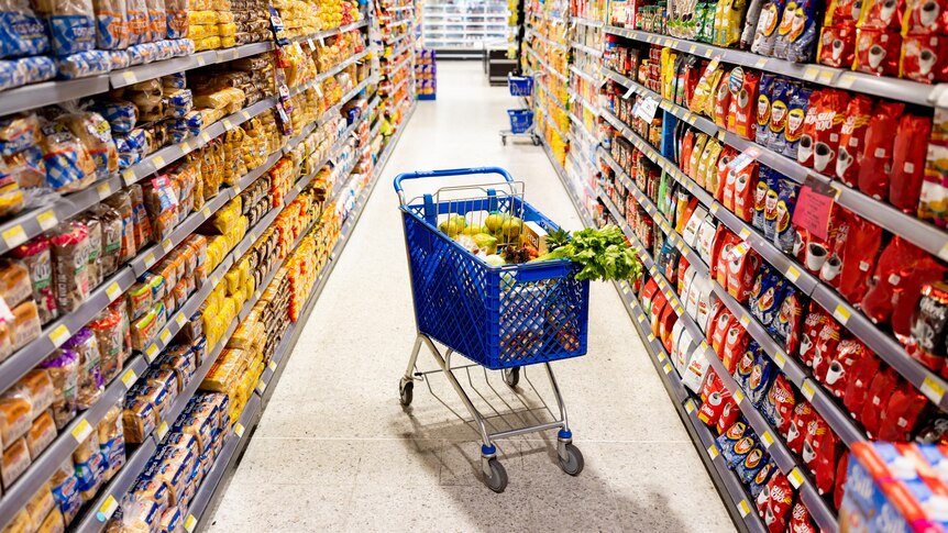 A shopping trolley of food is parked in the middle aisle of the supermarket surrounded by colourful packaging 
