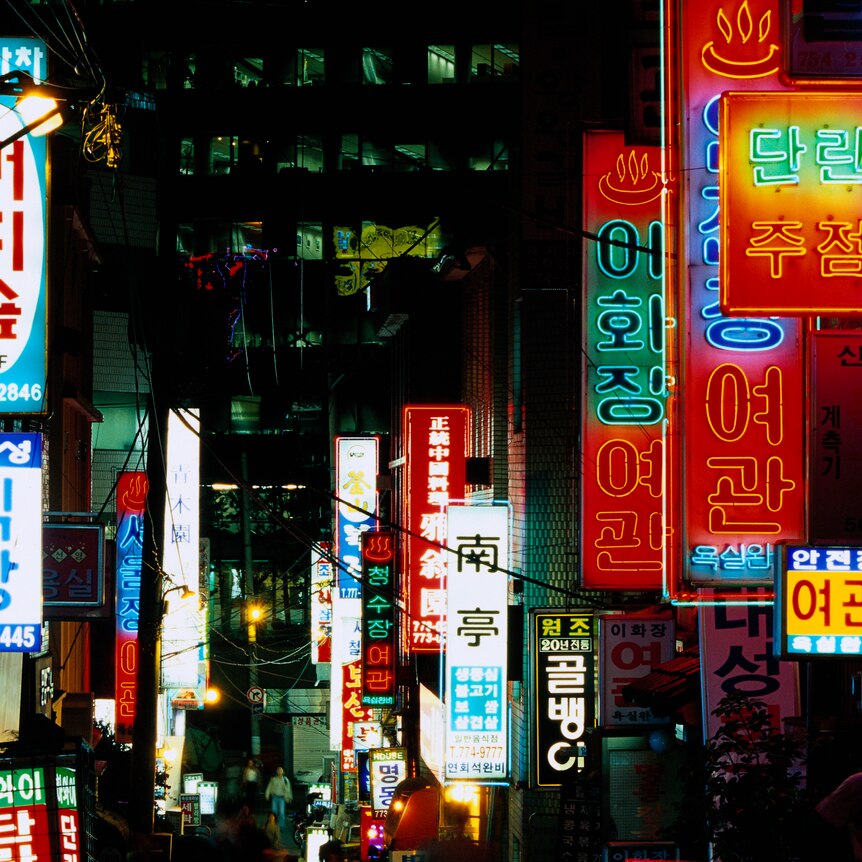 neon lights at night in the South Korea capital Seoul