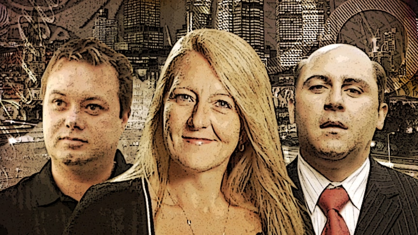 A digital illustration shows Carl Williams, Nicola Gobbo and Tony Mokbel  on a digital background.