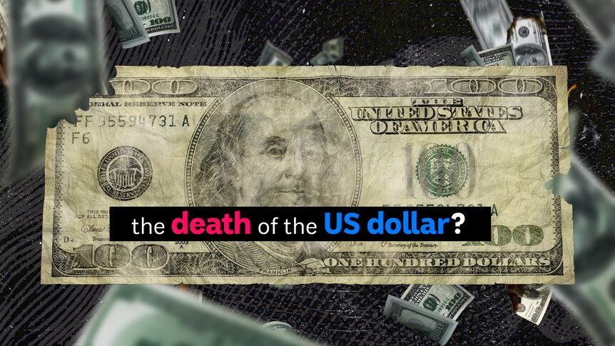 A United States of America one hundred dollar note amidst other money falling down around it.