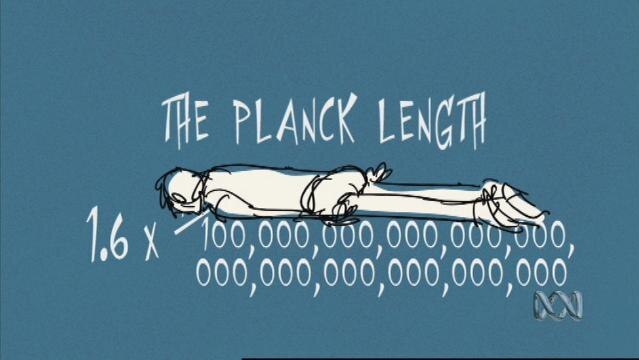 Drawing of person lying face down, text reads "the Planck length"