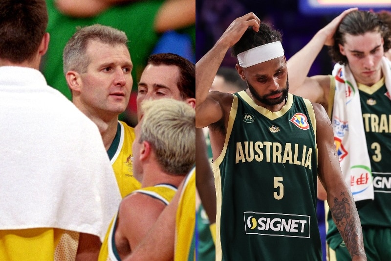 Composite of Boomers Andrew Gaze and Patty Mills looking sad after losses at the Sydney Olympics and the 2023 FIBA World Cup.