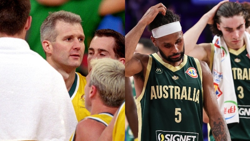 Composite of Boomers Andrew Gaze and Patty Mills looking sad after losses at the Sydney Olympics and the 2023 FIBA World Cup.