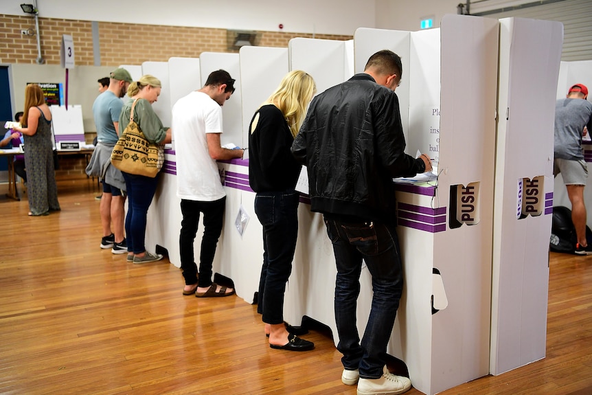 people stand at polling boxes as they cast their votes