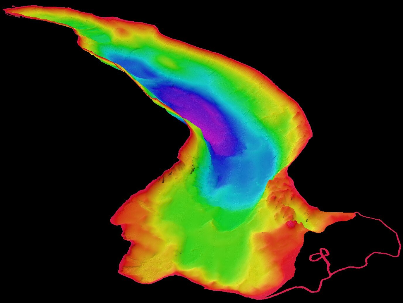 A map of a lake with "thermal-like" colours showing depth