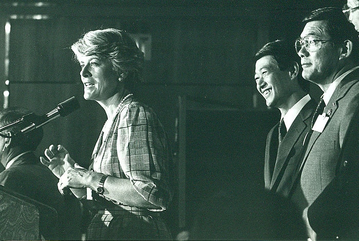 A black and white photo of Geraldine Ferraro