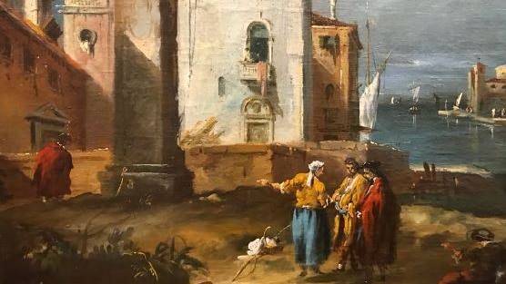 An oil canvas painting by Francesco Guardi of figures on a Venetian Lagoon