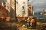 An oil canvas painting by Francesco Guardi of figures on a Venetian Lagoon