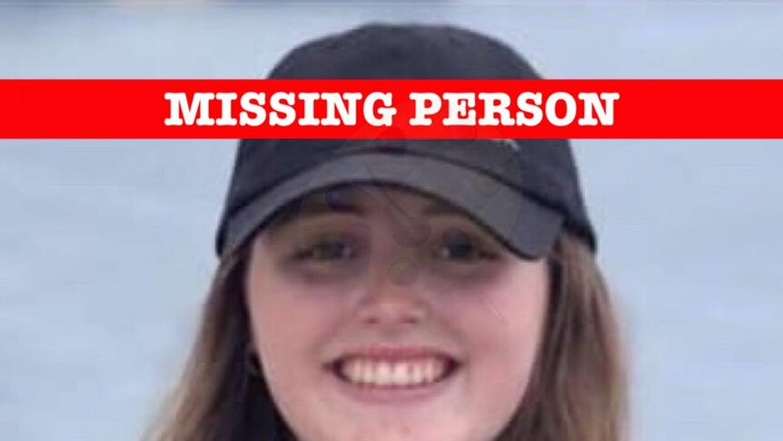 A photo of Grace Millane wearing a cap wit the text 'missing person help find Grace' over the top in red and white.
