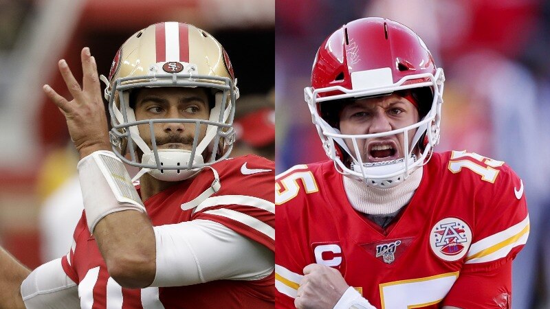 Composite photo of Jimmy Garoppolo (left) throwing a football and Patrick Mahomes grimacing