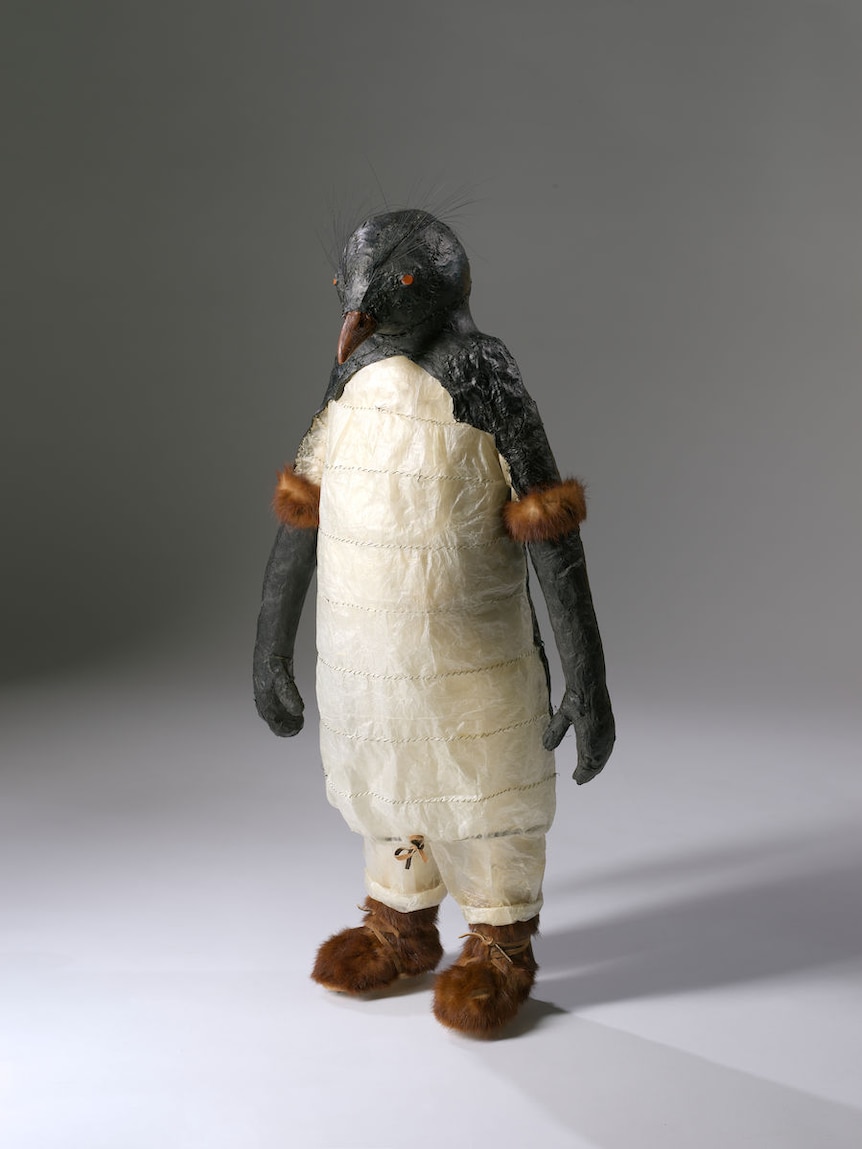 A sculpture of a penguin made from animal remains