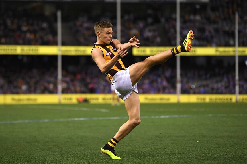 Harry Morrison of the Hawks has a kick on goal against the Bulldogs.