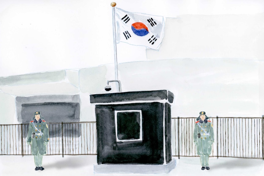 An illustration of the exterior of the South Korean embassy in Beijing.