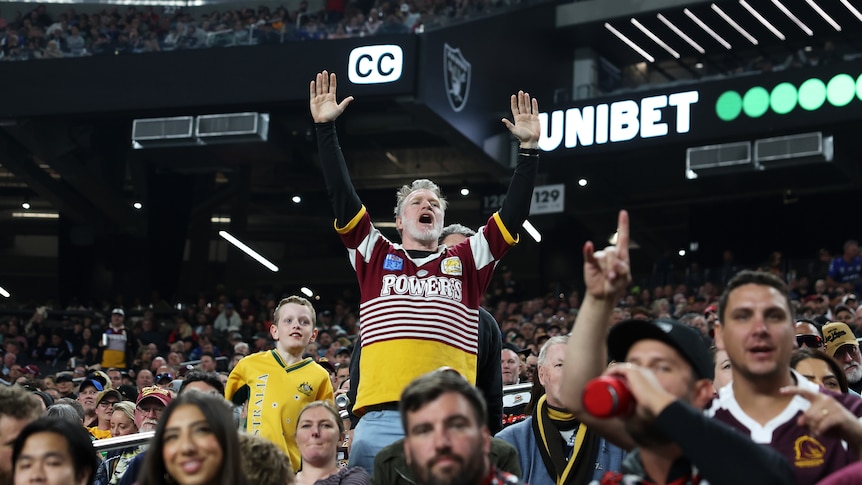 A fan celebrates during a rugby league game in Las Vegas