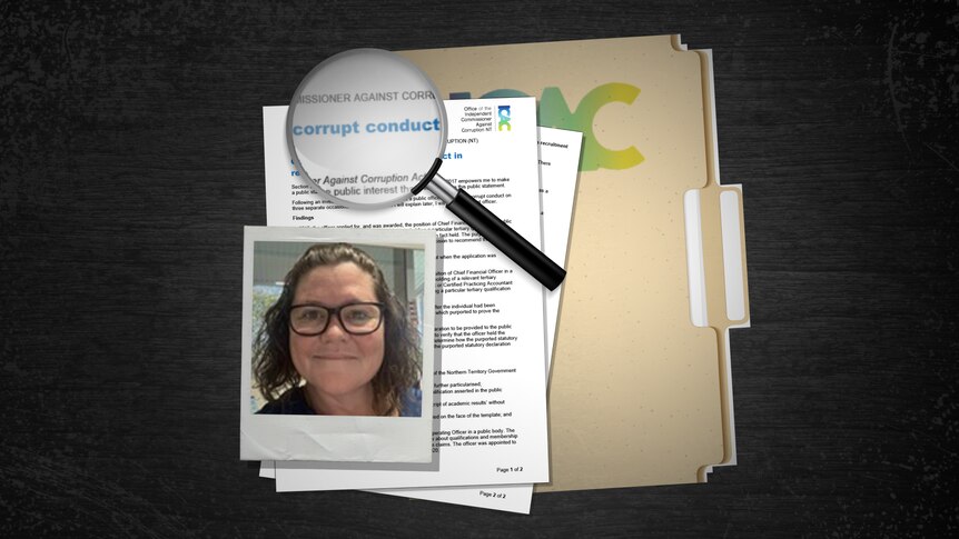 A woman inset into a photo, with files behind from the NT ICAC.
