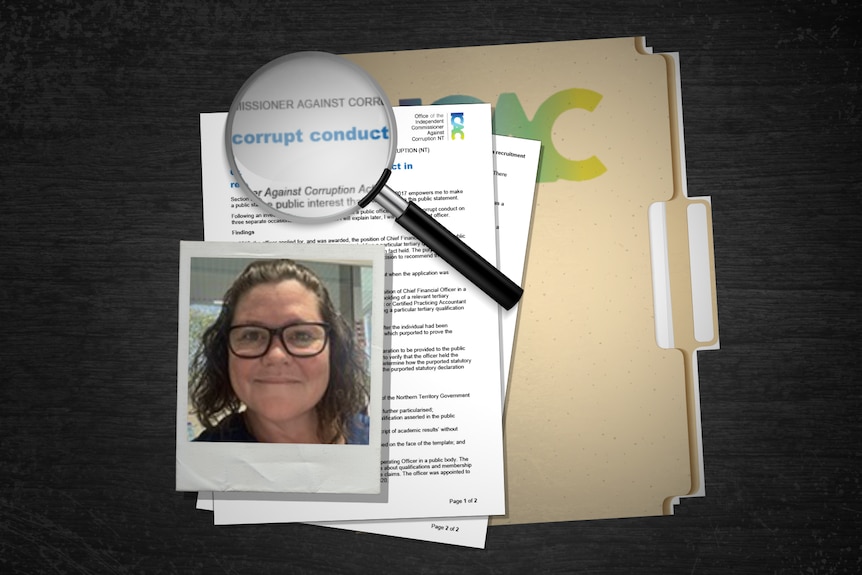 A woman inset into a photo, with files behind from the NT ICAC.