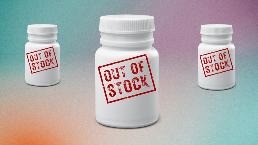 White pill bottles with out of stock labels on a purple, green and orange background.