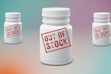 White pill bottles with out of stock labels on a purple, green and orange background.