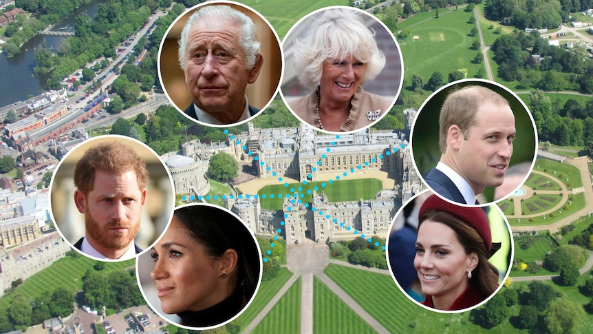A graphic showing Windsor castle and faces of members of the royal family.