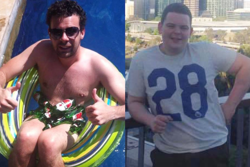 A picture of Gerry Bradley sitting in a pool tube alongside a picture of Joe McDermott standing on a balcony.