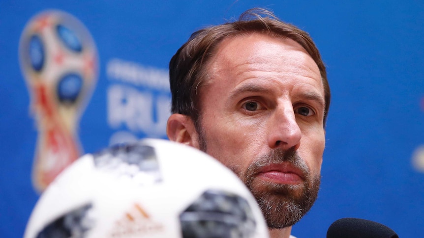 England head coach Gareth Southgate listens to a question during a media conference.