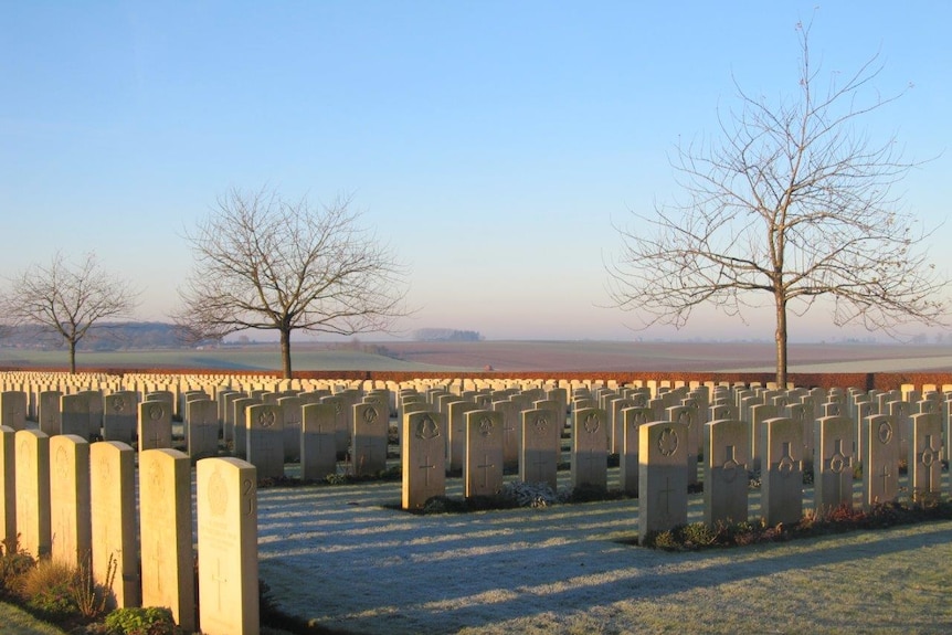 Countless rows of headstones sprawl in front of rolling fields.