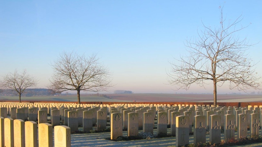 Countless rows of headstones sprawl in front of rolling fields.