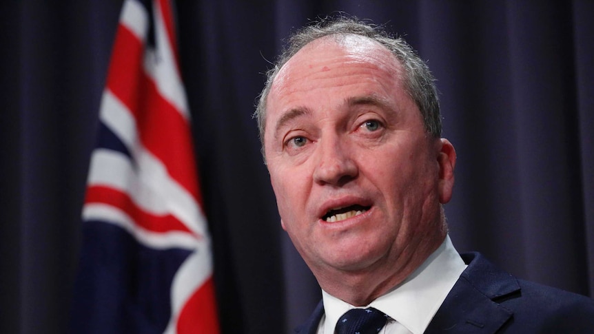 Barnaby Joyce looks slightly off camera as he speaks at a media conference. The Australian flag is in the background.