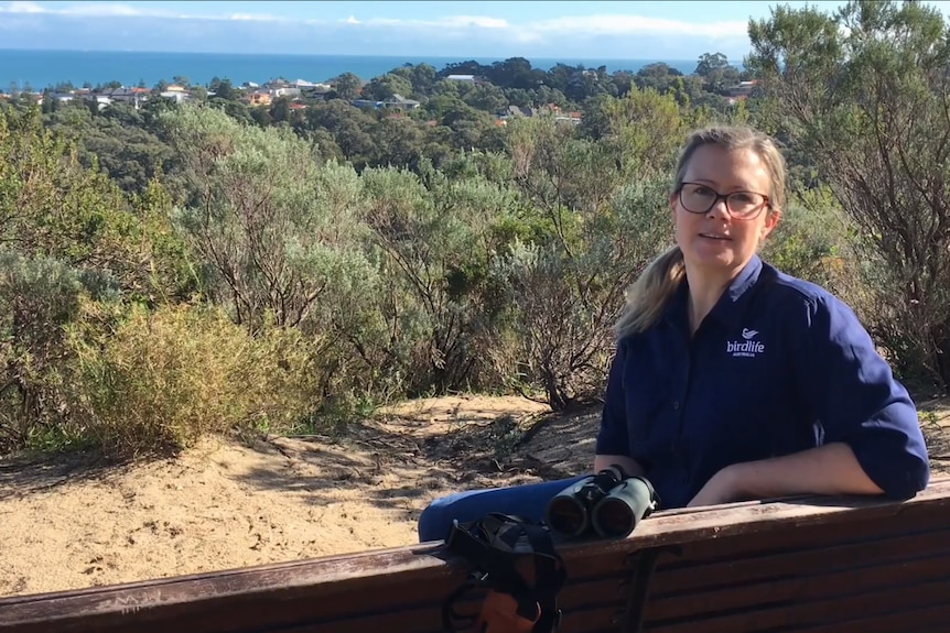 A woman sitting on bench overlooking bush and sea. Wears glasses.