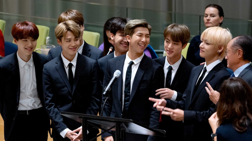 Members of the Korean K-Pop group BTS attend a meeting at the U.N.