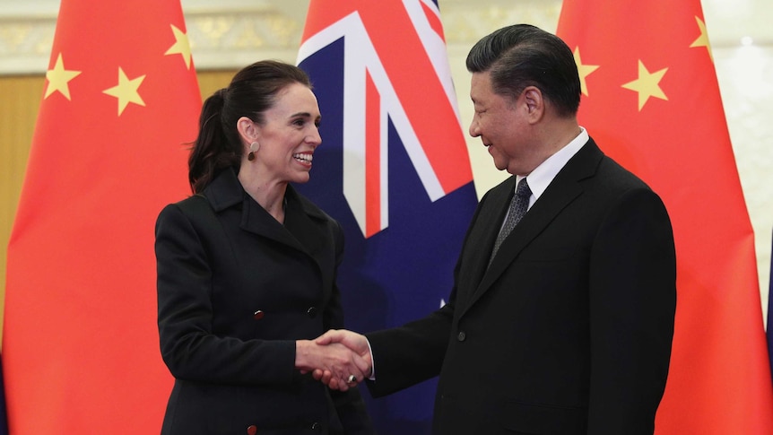 习近平和杰辛达·阿德恩在中国和新西兰国旗前握手