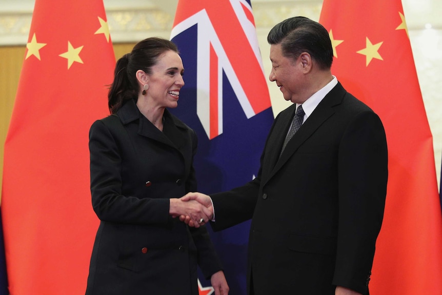 Chinese President Xi Jinping and New Zealand Prime Minister Jacinda Ardern shake hands with their flags in the background.