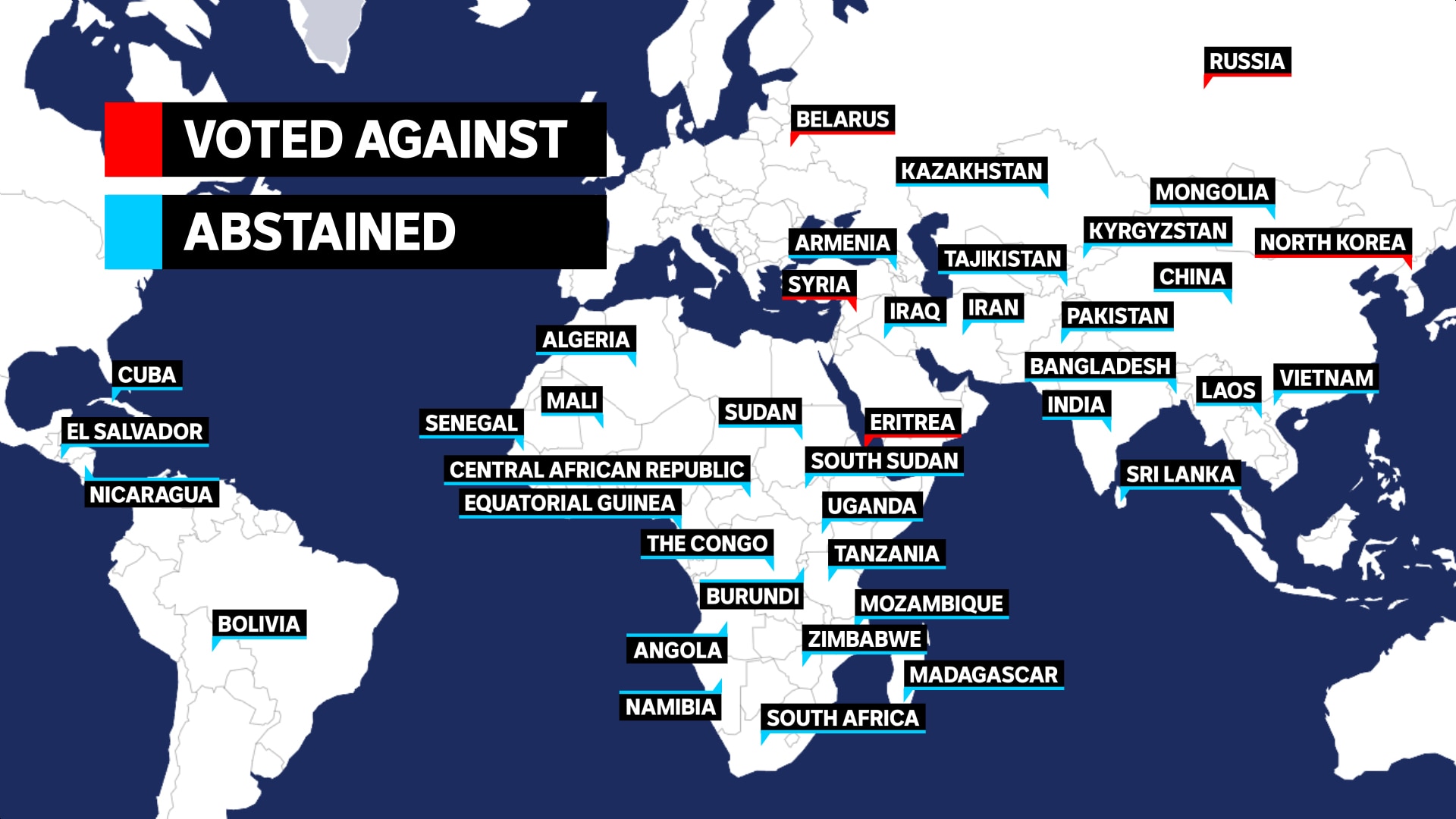 A global map marking the five votes against and 35 abstentions