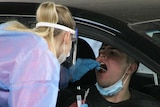 A man in the driver's seat has a swab put down his throat by a healthcare worker