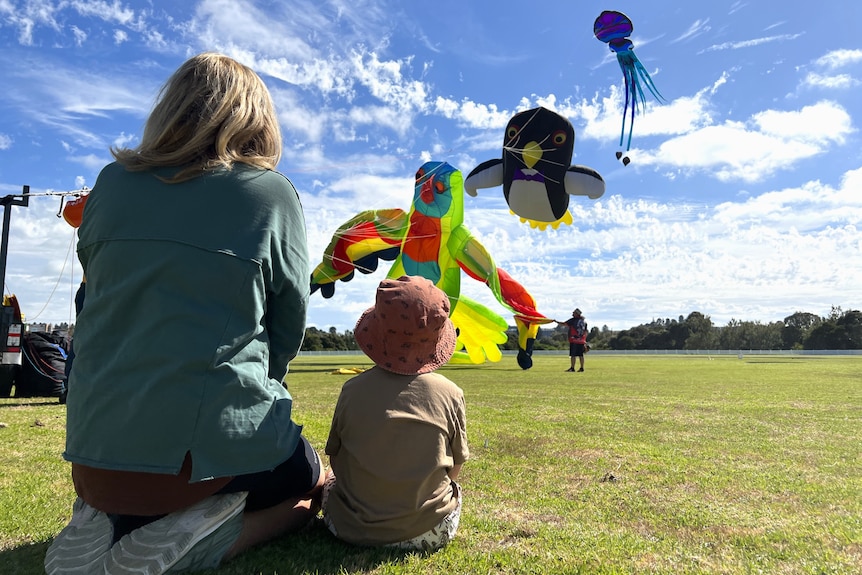 Mother and son sit on the grass of a field looking up at huge kites in the air