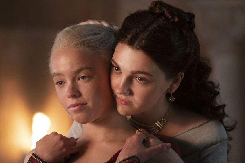 Characters Rhaenyra and Allicent in a still image from HBO's House of the Dragon.
