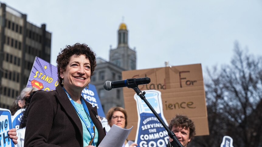 Naomi Oreskes speaks at the Stand up for Science rally in Boston