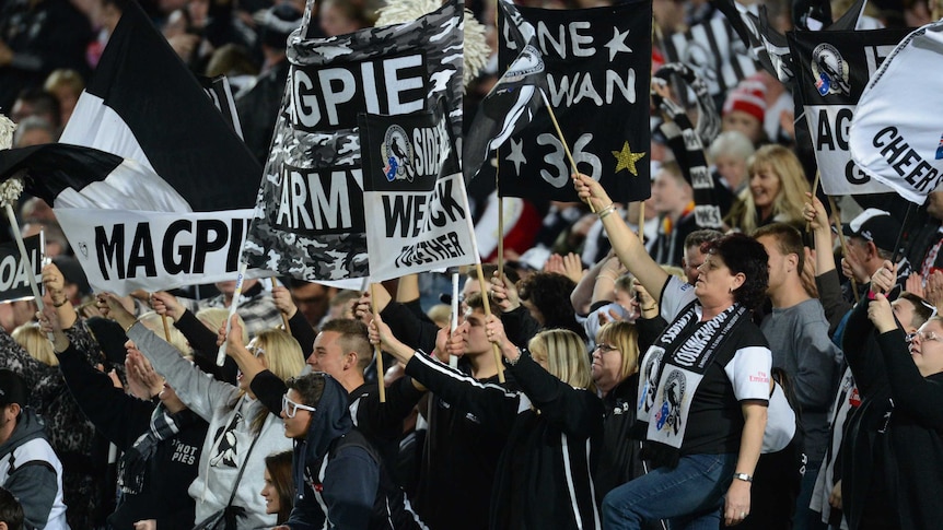 Collingwood fans celebrate a goal against the Swans at the Olympic stadium.