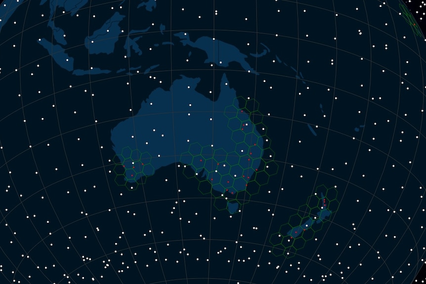 A map of Australia with white dots and green cells on lower latitudes