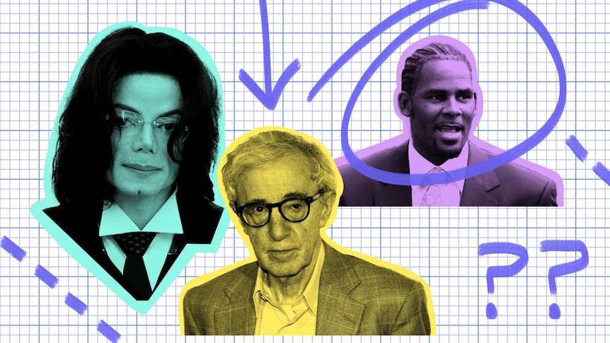 Photos of Michael Jackson, Woody Allen and R Kelly for story about the ethical challenges of enjoying their work.