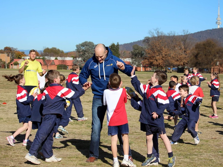 Stirling Mortlock at the launch of the Game On program at Brindabella Christian School Canberra, June 2015