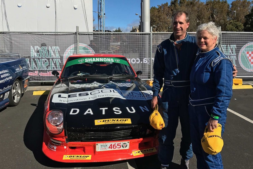 Jon and Gina Siddins with their Datsun 240Z Targa Tasmania 2017