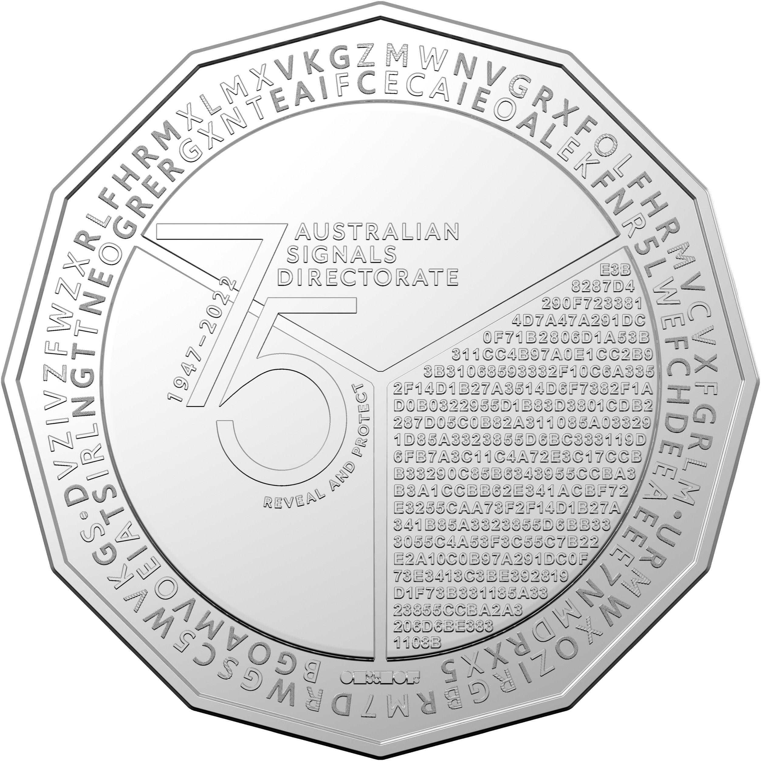 The front of the Australian Signals Directorate 75th anniversary 50 cent coin.