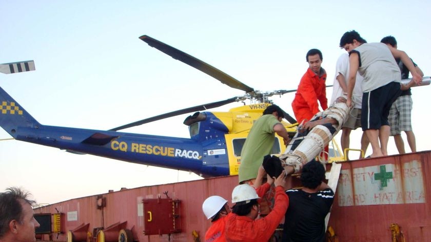 A CQ Rescue helicopter spokesman says the man was airlifted to the Mackay base hospital for treatment of Irukandji Syndrome at about 5pm AEST Sunday.