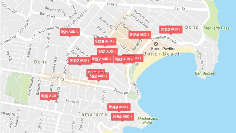 An Airbnb map of Bondi Beach in Sydney on January 30, 2017.