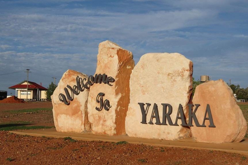 Welcome sign for town of Yaraka, more than 200 kilometres south of Longreach in western Queensland