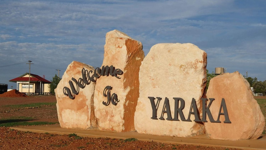 Welcome sign for town of Yaraka, more than 200 kilometres south of Longreach in western Qld