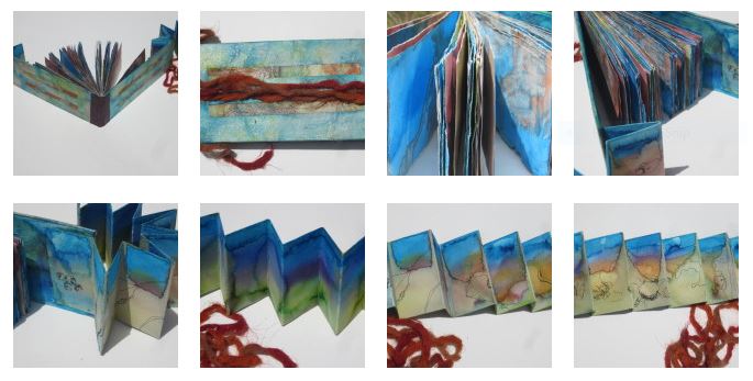 Multiple images of a watercolour artwork on paper folded in concertina.